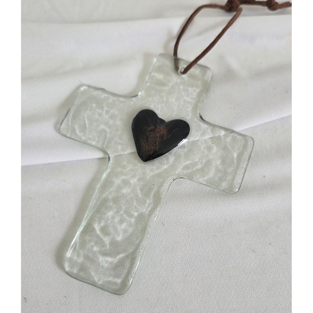 Handcrafted Slumped Glass Cross Wall Decor with Fused Heart Detail